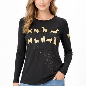 Jess & Jane long sleeve T black/gold metallic dog breeds crew neck cotton blend